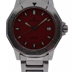 Edox Men's 40mm Pro-Delfin Rare Red Dial Stainless Steel Watch Reference 70071!